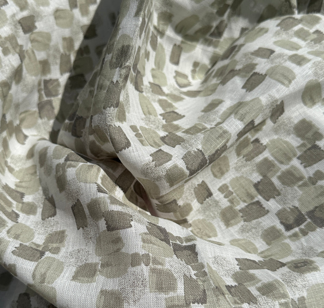 100% Linen White Olive Green Geometric Designed 5.5 OZ USA Woven Fabric By the Yard