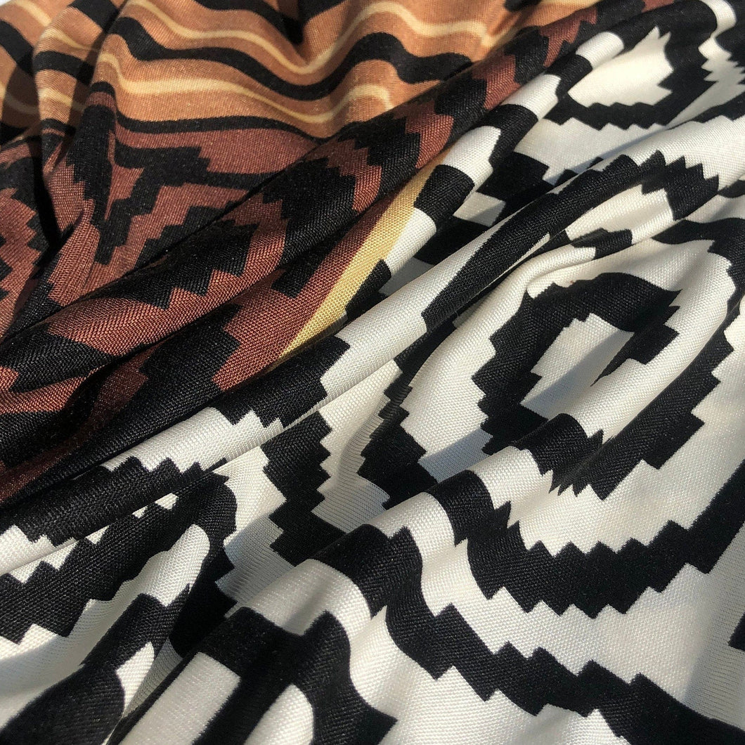 48" 100% Silk Variety Meander Print Heavy Interlock Brown, Black, White & Cream Beige Knit Fabric By the Half-Yard | APC Fabrics