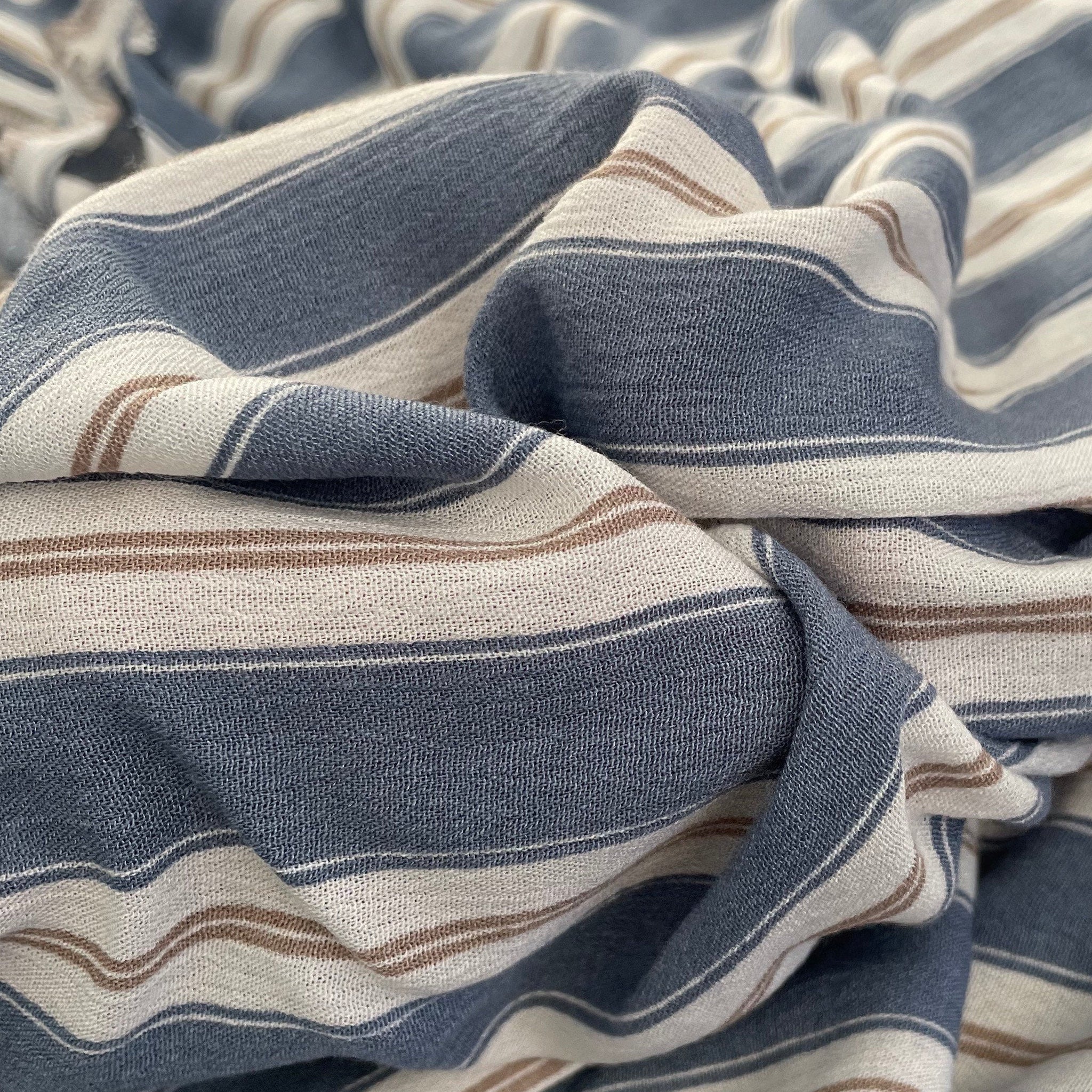 58 100% Cotton Pima Chambray Striped Blue Gold Light Apparel Woven Fabric  By the Yard