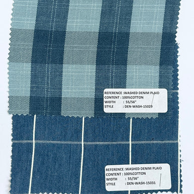 55” 100% Cotton Washed Denim Plaid Woven Fabric for Wholesale Only